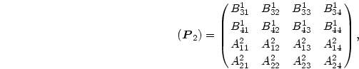 \begin{displaymath}
(\mbox{\boldmath$P$}_2)=\pmatrix{B^1_{31}&B^1_{32}&B^1_{33}...
...A^2_{13}&A^2_{14}\cr
A^2_{21}&A^2_{22}&A^2_{23}&A^2_{24}\cr},
\end{displaymath}