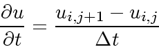 \begin{displaymath}
\frac{\partial u}{\partial t} = \frac{u_{i,j+1}-u_{i,j}}{\Delta t}
\end{displaymath}