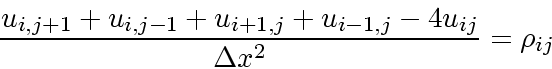 \begin{displaymath}
\frac{u_{i,j+1}+u_{i,j-1}+u_{i+1,j}+u_{i-1,j}-4u_{ij}}
{\Delta x^2} = \rho_{ij}
\end{displaymath}