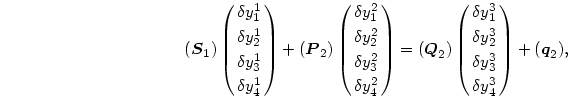 \begin{displaymath}
(\mbox{\boldmath$S$}_1)\pmatrix{\delta y^1_1\cr \delta y^1_...
...\cr
\delta y^3_3\cr\delta y^3_4\cr}+(\mbox{\boldmath$q$}_2),
\end{displaymath}