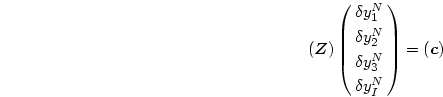 \begin{displaymath}
(\mbox{\boldmath$Z$})
\pmatrix{\delta y^N_1\cr \delta y^N_2\cr\delta y^N_3\cr\delta y^N_I\cr}
=(\mbox{\boldmath$c$})
\end{displaymath}